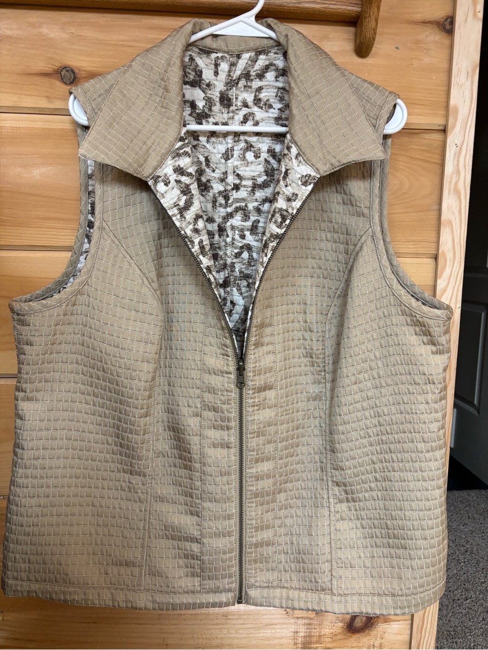 CJ Banks Quilted Reversible Beige Vest with Printed Lining